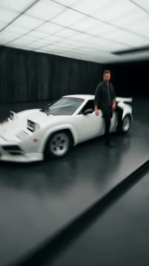 Mann lehnt an einem weißen Lamborghini Countach in einer hellen Halle, KI-Video