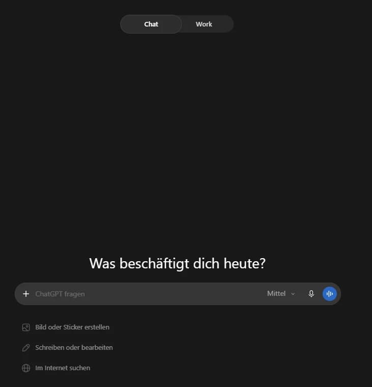 Schalter Chat und Work oben in der ChatGPT-Desktop-App