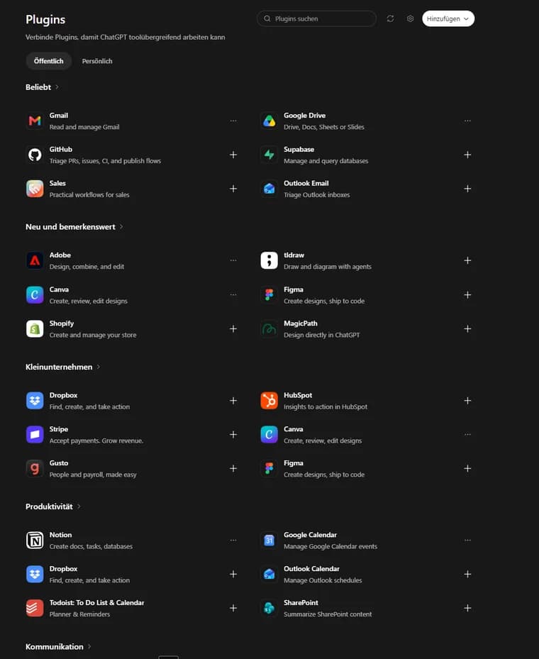 Plugin-Katalog in ChatGPT mit Gmail, Canva und Google Calendar