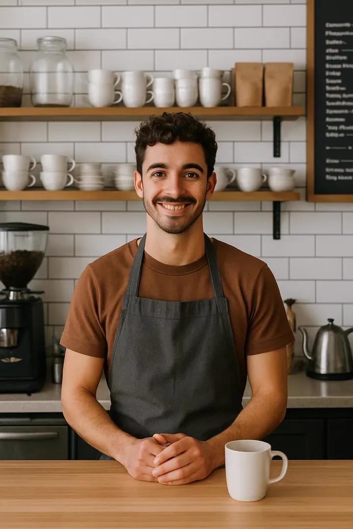 Lächelnder Barista hinter einer Theke, erzeugt mit GPT Image 1 aus einem Vier-Wort-Prompt. Die Haut ist glatt und ohne sichtbare Poren.