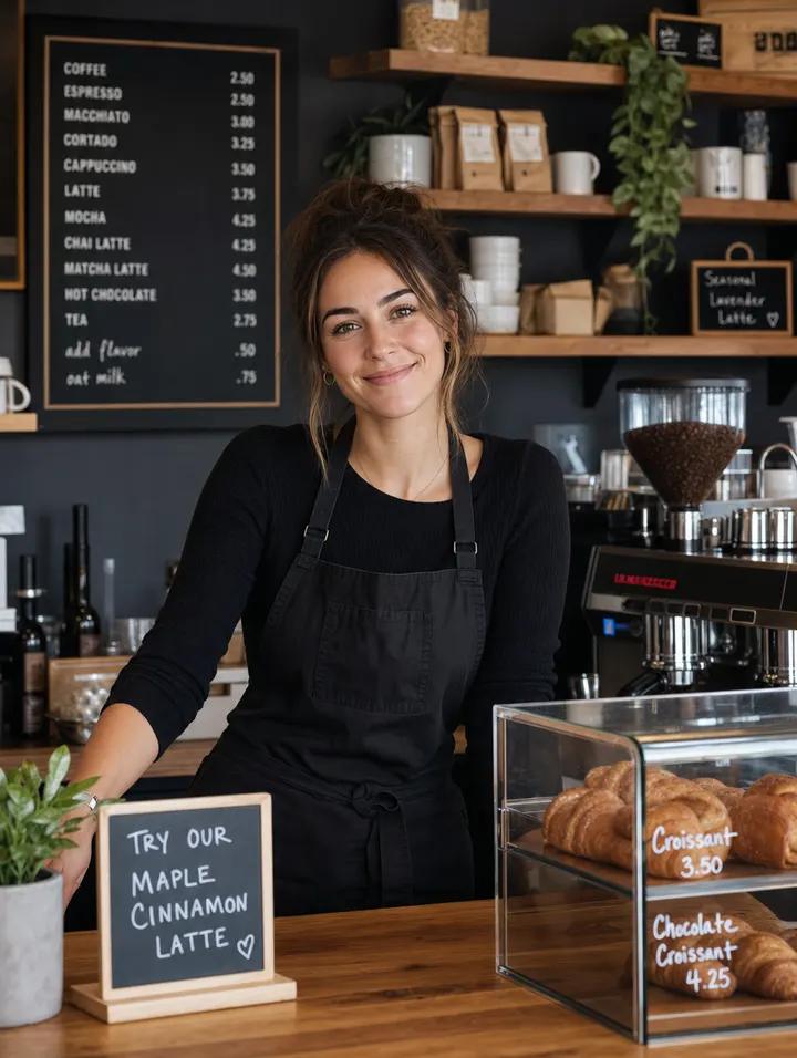 Lächelnde Barista hinter einer Theke, erzeugt mit GPT Image 2 aus demselben Vier-Wort-Prompt. Die Haut zeigt Poren, das Licht ist weich und schattenfrei.