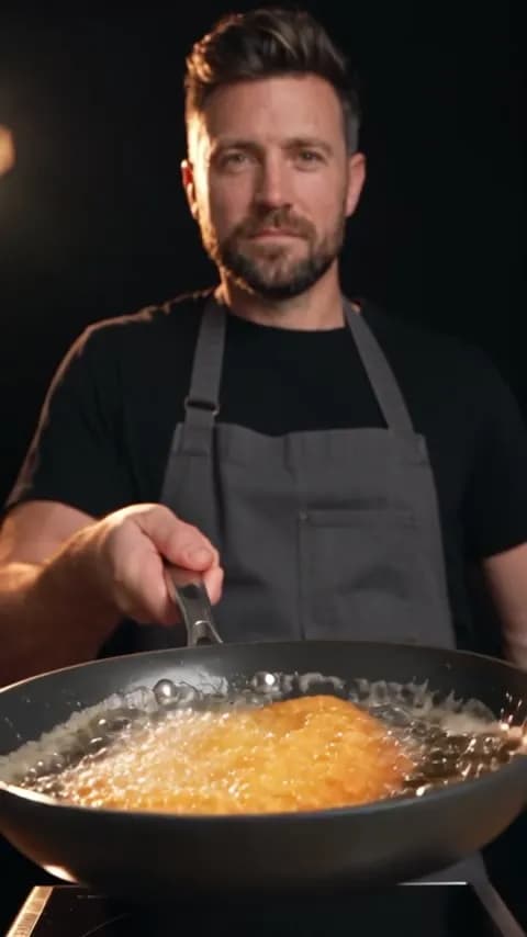 Kai schwenkt ein Schnitzel in der Pfanne, KI-Video