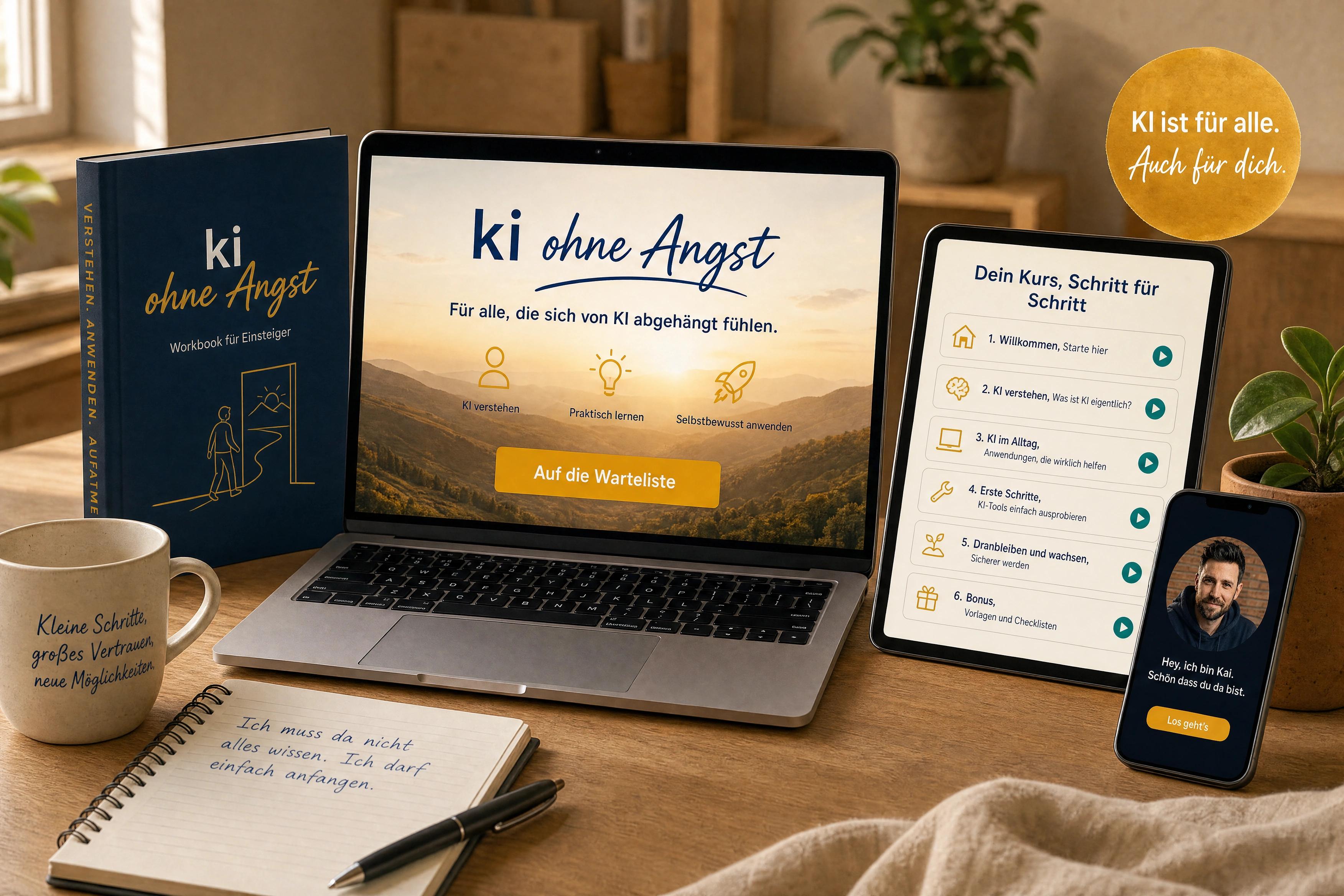 Produkt-Vorschau, KI ohne Angst Komplettkurs auf Laptop, Tablet und Smartphone mit Workbook, Kaffeetasse und handgeschriebener Notiz