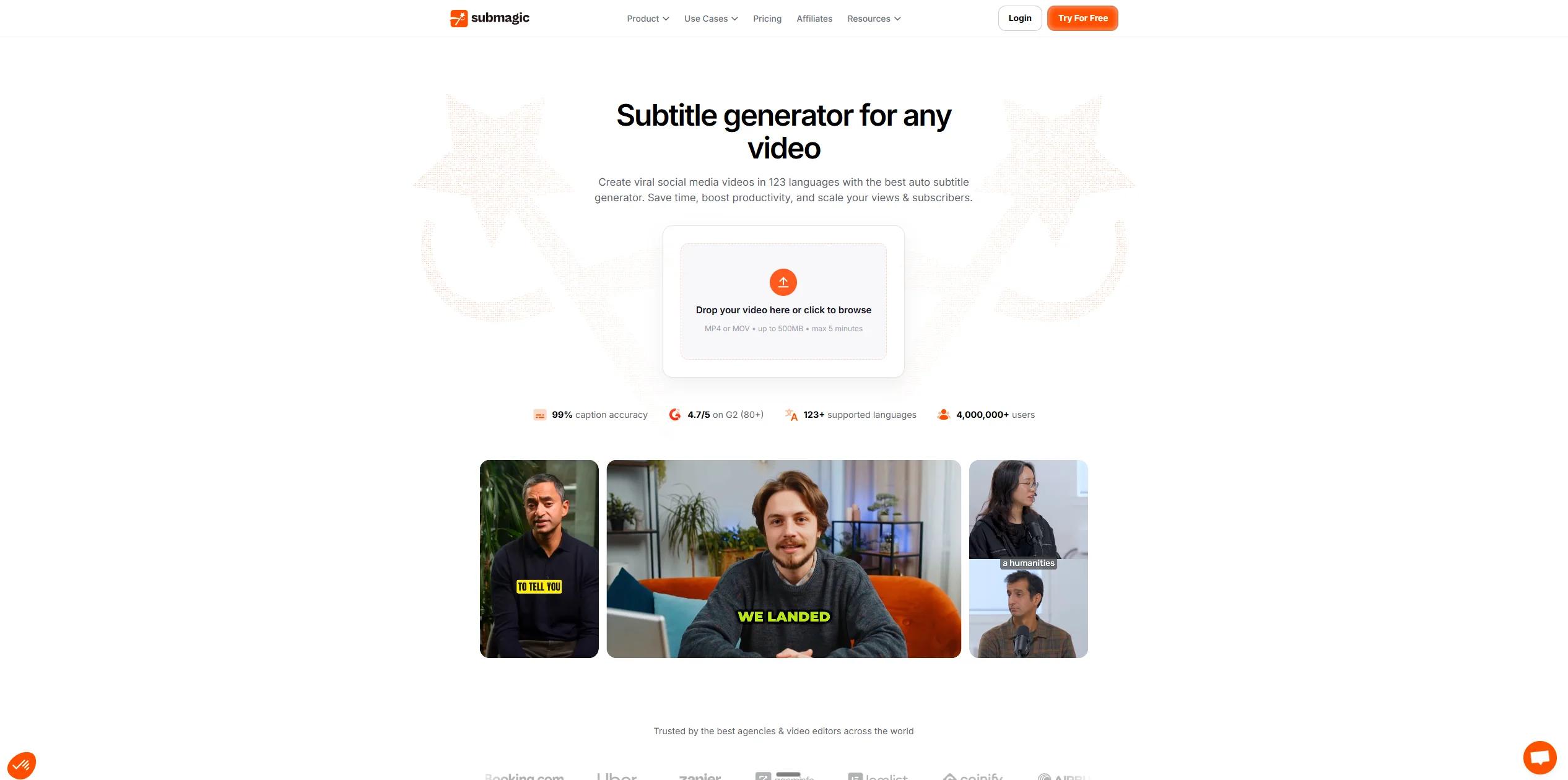 Submagic Startseite, Subtitle generator for any video