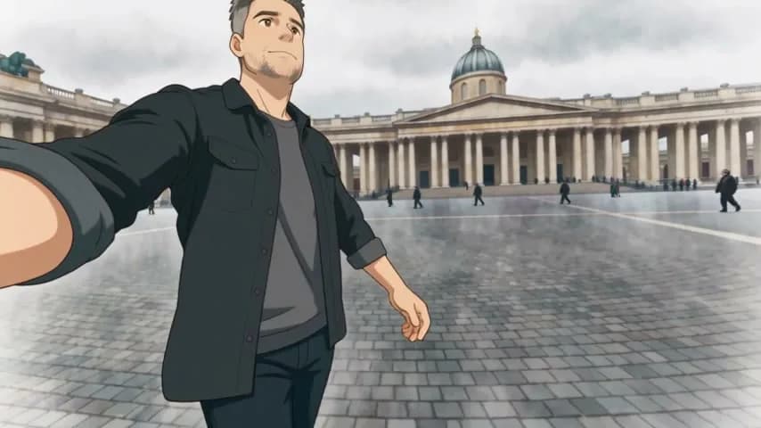 Dieselbe Szene auf einem Platz vor einem Kuppelbau als handgemalte Cel-Animation, erstellt mit Higgsfield Genjutsu