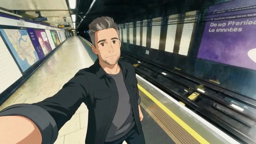 Dieselbe Szene als handgemalte Cel-Animation, erstellt mit Higgsfield Genjutsu