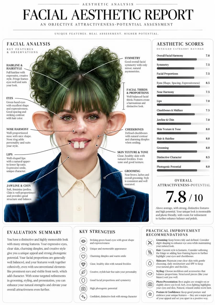 Beispielbericht „Facial Aesthetic Report“ mit Gesichtsanalyse, Noten je Bereich und Gesamtnote 7,8 von 10
