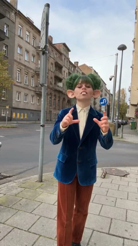KI-Figur mit grünen Haaren tanzt auf der Straße, erstellt mit Higgsfield
