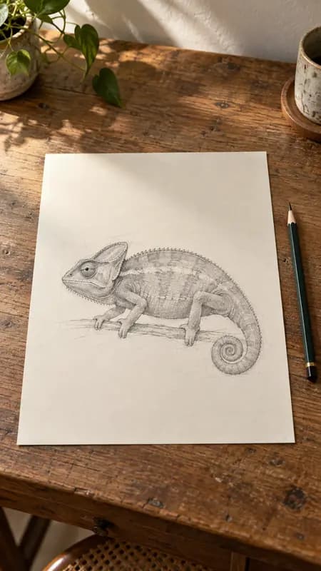 Flache Graphitskizze: Chamäleon auf Zeichenpapier