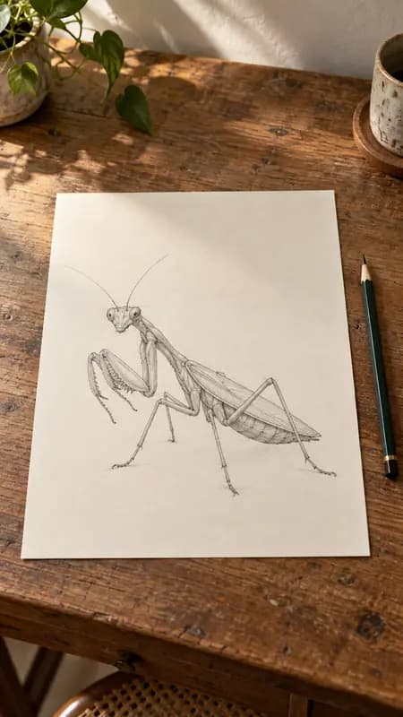 Flache Graphitskizze: Gottesanbeterin auf Zeichenpapier