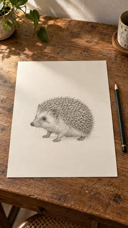 Flache Graphitskizze: Igel auf Zeichenpapier