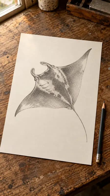 Flache Graphitskizze: Mantarochen auf Zeichenpapier