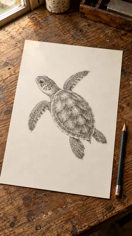 Flache Graphitskizze: Meeresschildkröte auf Zeichenpapier