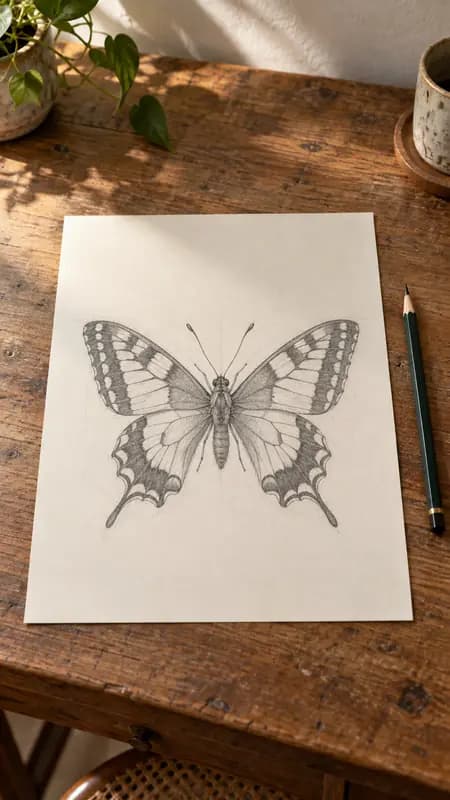 Flache Graphitskizze: Schwalbenschwanz auf Zeichenpapier