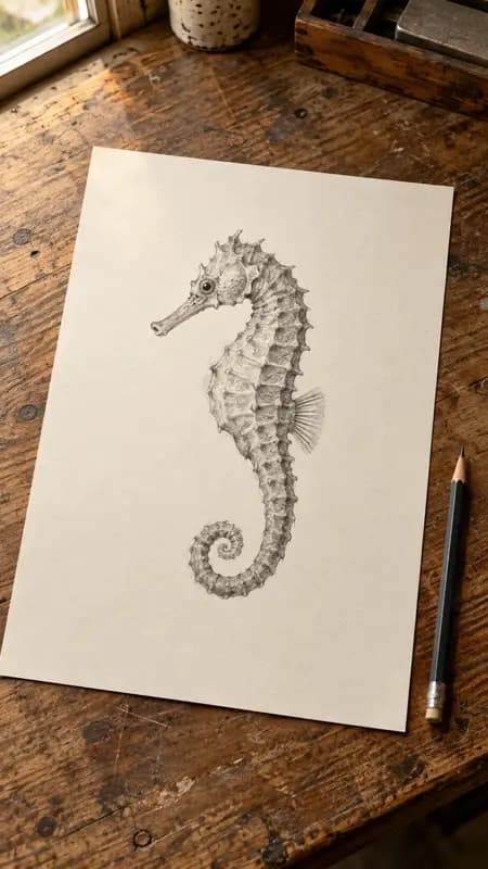 Flache Graphitskizze: Seepferdchen auf Zeichenpapier