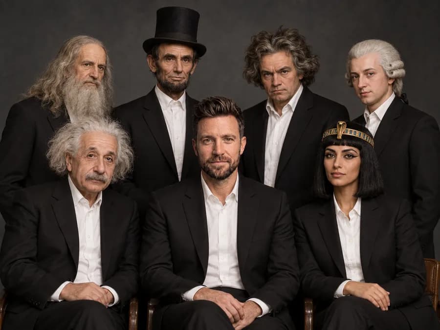 Kai im Anzug zwischen Einstein, Beethoven, da Vinci, Lincoln, Kleopatra und Mozart