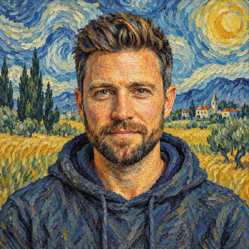 Kai als Gemälde im Stil von Van Gogh, mit Zypressen und Dorf im Hintergrund