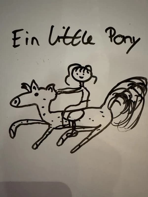 Handskizze vom Whiteboard: ein Pony mit Reiterin und der Aufschrift Ein little Pony