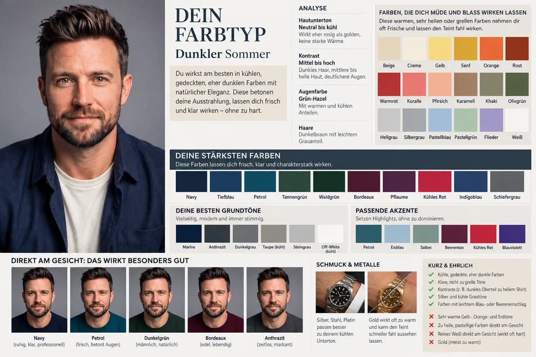 Farbtyp-Analyse Dunkler Sommer mit Farbfeldern und Kai in fünf Hemdfarben