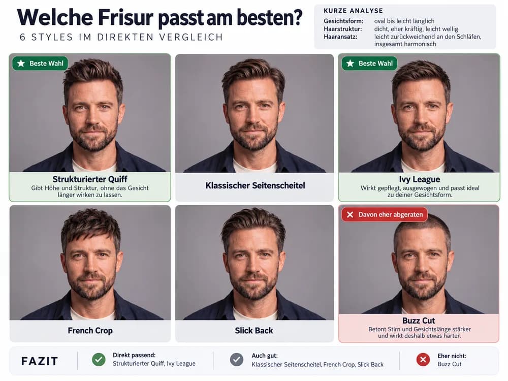 Raster mit sechs Frisuren an Kais Kopf, zwei als beste Wahl markiert, eine abgeraten