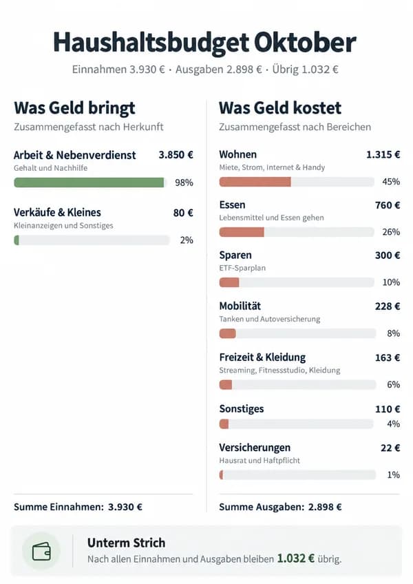 Infografik Haushaltsbudget Oktober, links was Geld bringt, rechts was Geld kostet