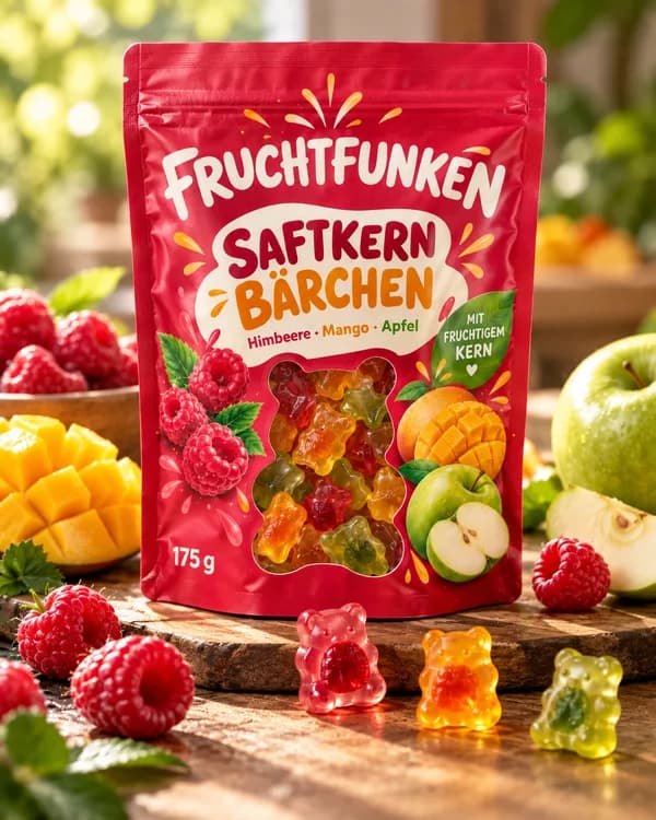 Dieselbe Tüte als Werbebild zwischen Himbeeren, Mango und Äpfeln