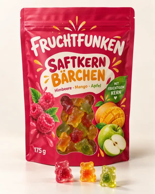 Tüte Fruchtfunken Saftkern-Bärchen vor hellem Hintergrund