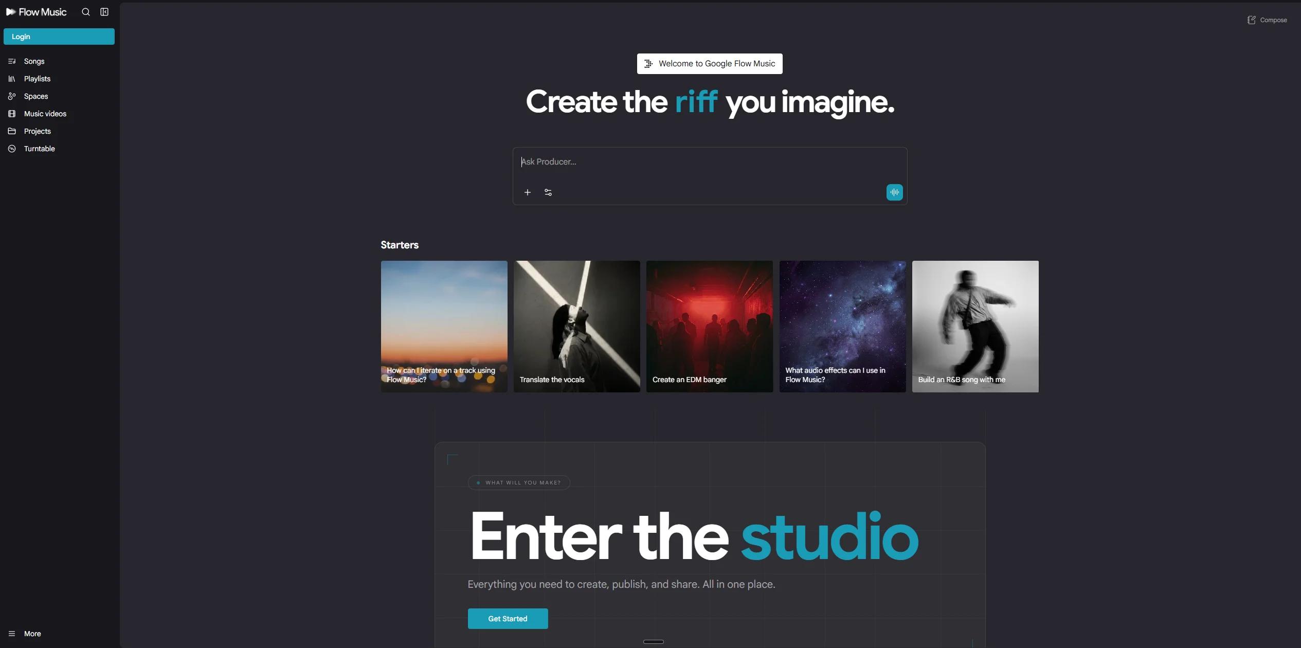Google Flow Music, Startseite mit Prompt-Feld und Song-Vorschlägen