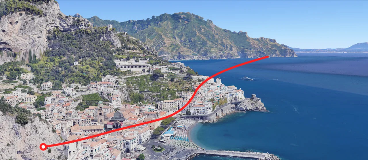 Bildschirmfoto der gekippten Google-Earth-Ansicht der Amalfiküste, darauf eine rote Linie als Flugweg entlang der Küste