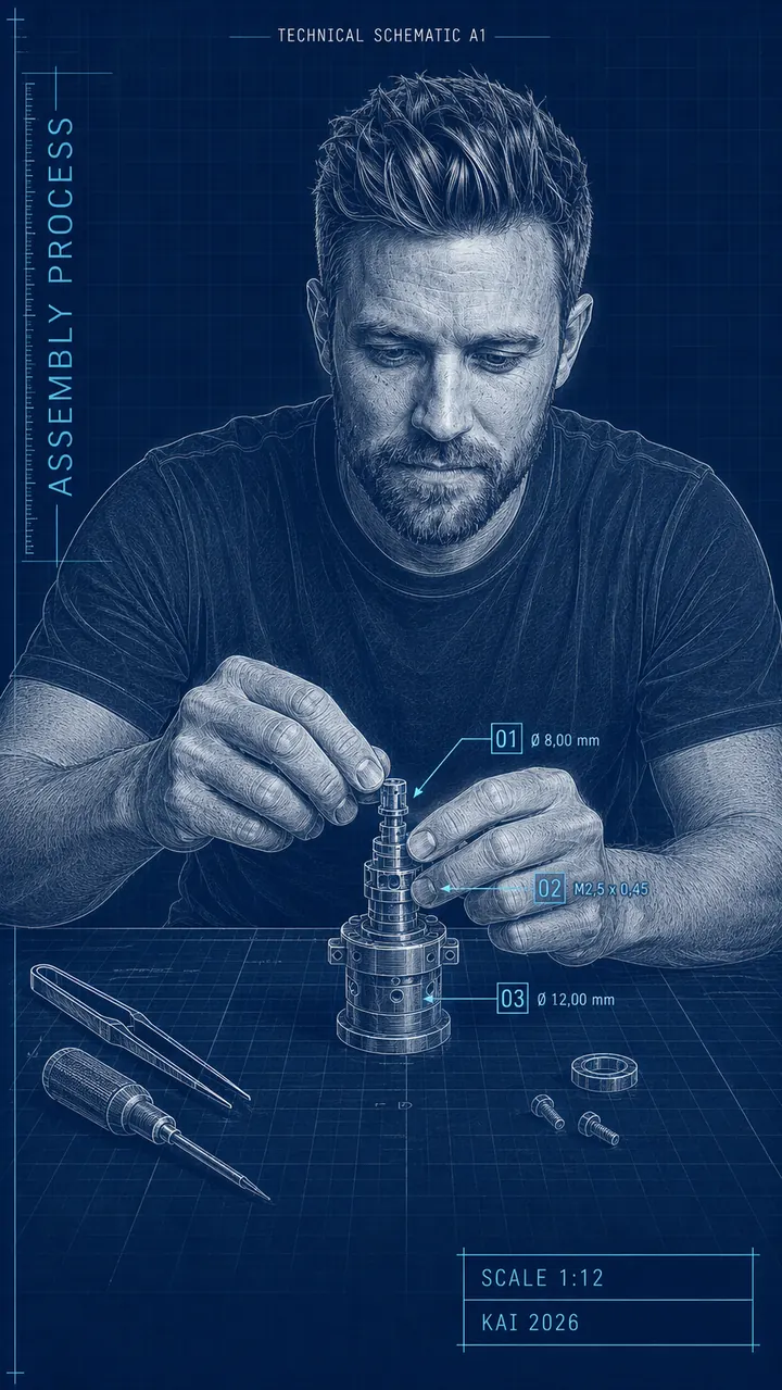 Blueprint-Poster: Kai beugt sich über einen Werktisch und setzt ein Bauteil zusammen, als technische Konstruktionszeichnung auf tiefblauem Grund