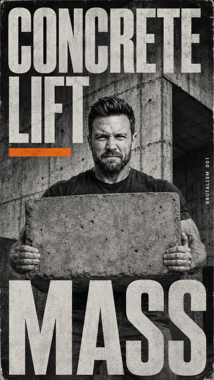 Brutalismus-Poster in hartem Schwarzweiß: Kai stemmt eine Betonplatte, darüber die fetten Versalien CONCRETE LIFT und MASS mit einem orangen Balken