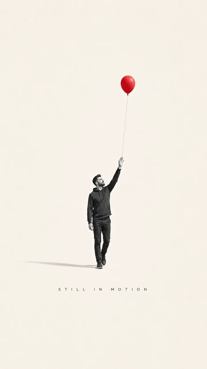 Minimalistisches Poster: Kai klein auf weiter heller Fläche, streckt den Arm nach einem roten Ballon aus