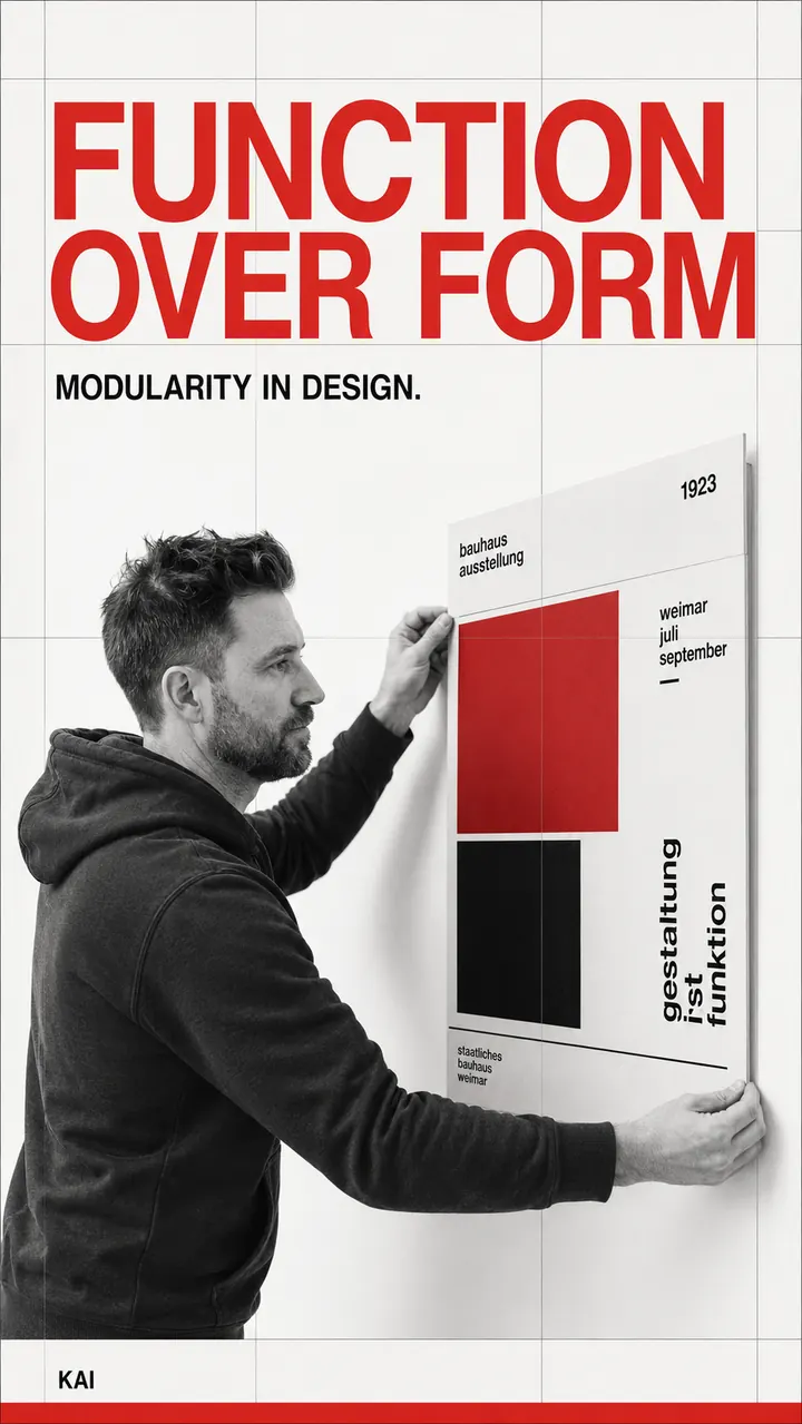 Zweite Swiss-Fassung: Kai hängt ein großes Plakat an eine weiße Wand, in Rot FUNCTION OVER FORM