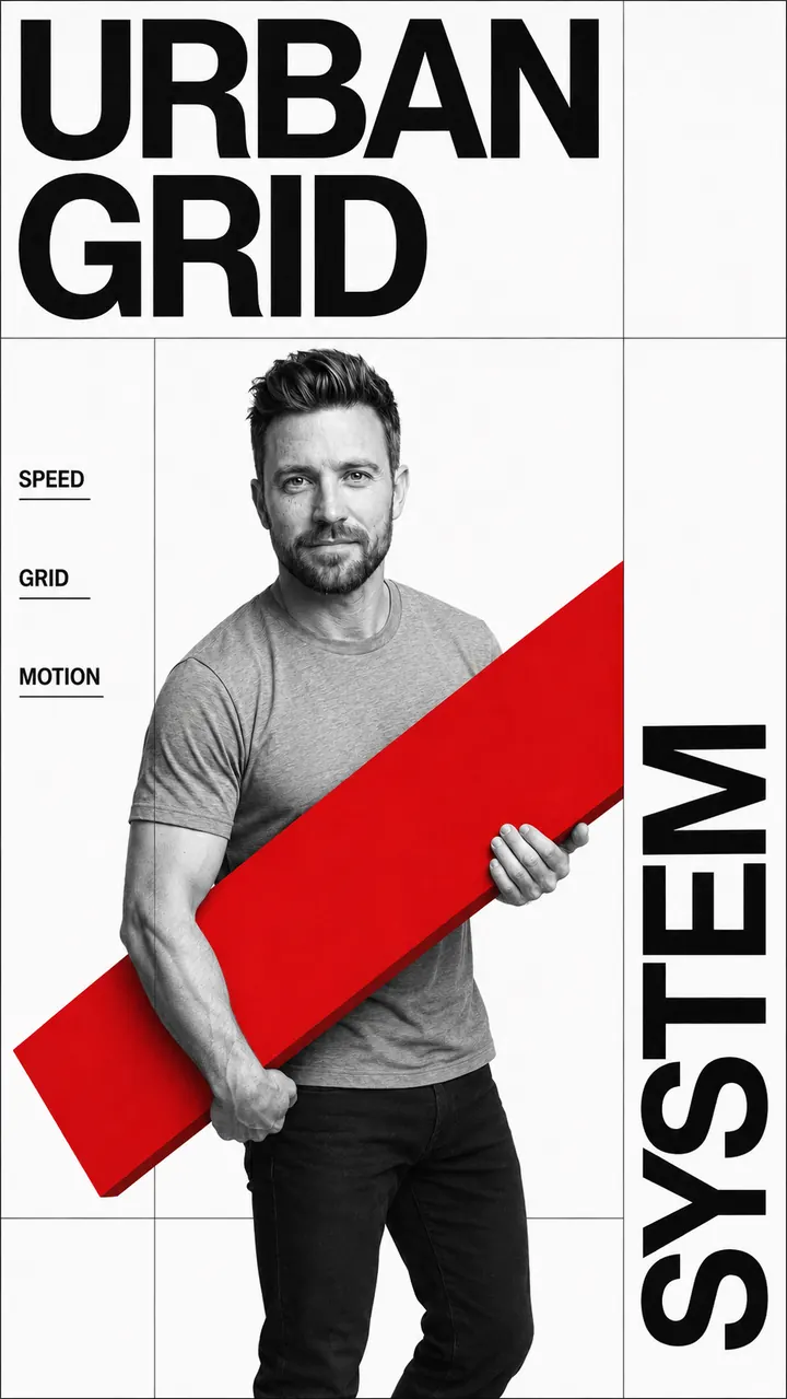 Poster im Schweizer Grafikstil: Kai trägt einen roten Balken durch ein Rasterfeld, dazu die Schrift URBAN GRID und vertikal SYSTEM