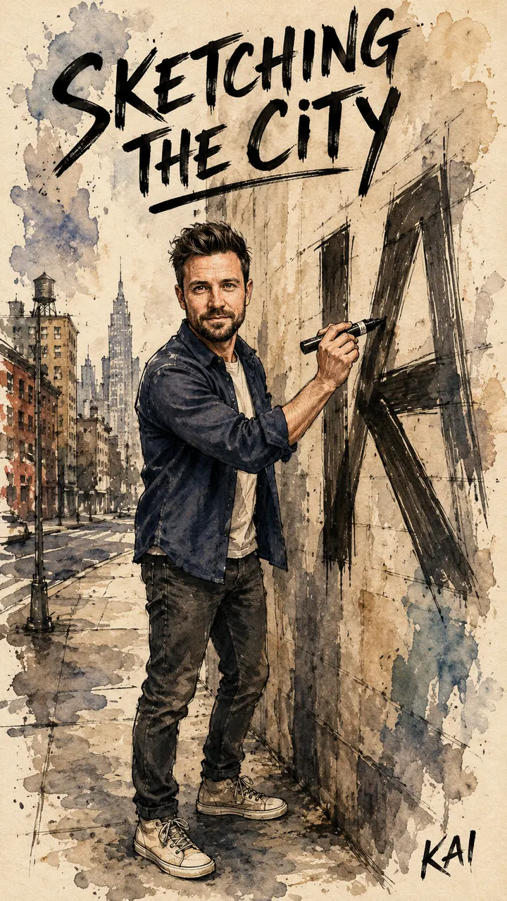 Handgezeichnetes Poster in Tusche und Aquarell: Kai schreibt große Buchstaben an eine Hauswand, Headline SKETCHING THE CITY