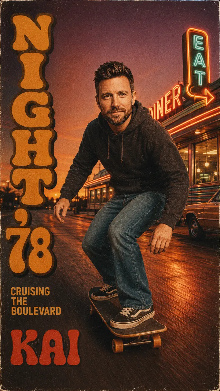 Retro-Poster der späten Siebziger: Kai auf dem Skateboard vor einem Diner mit Neonschildern, vertikal NIGHT '78