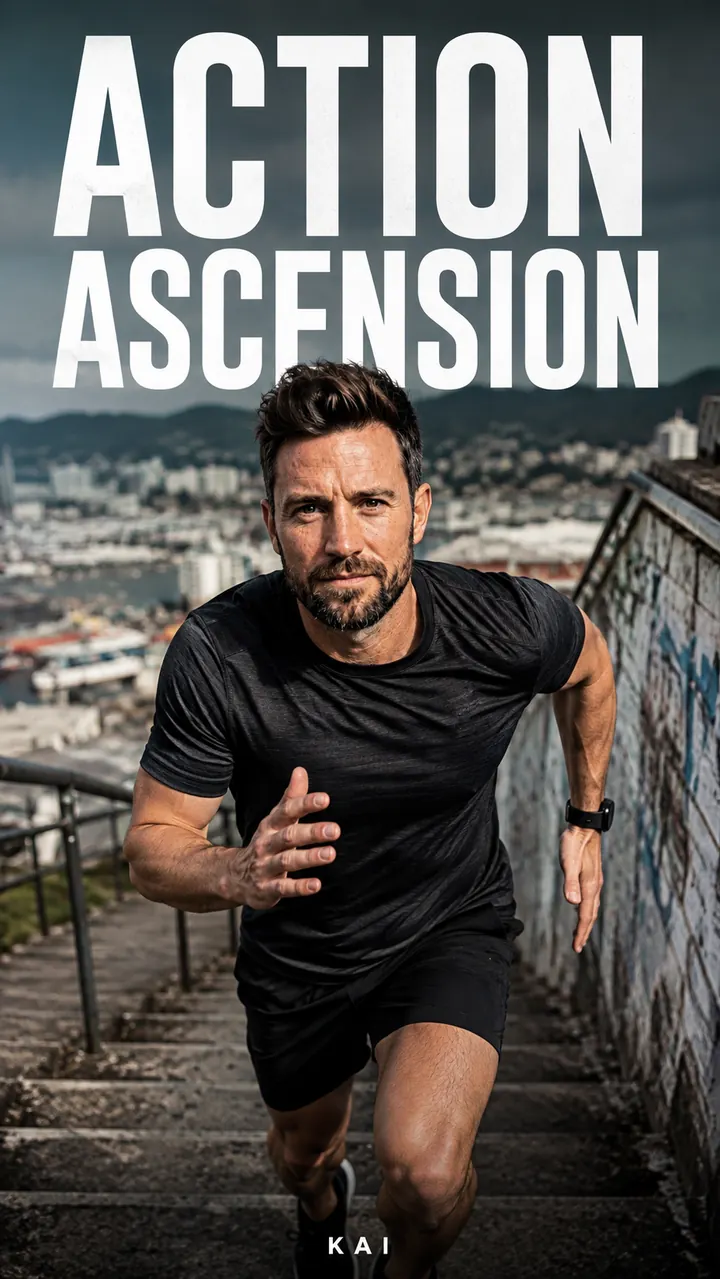 Dokumentarisches Actionfoto als Poster: Kai rennt eine Betontreppe hinauf, darüber zweizeilig ACTION ASCENT