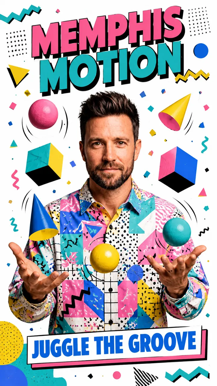 Memphis-Poster: Kai jongliert bunte geometrische Körper vor Zickzack- und Konfettimustern, Schrift MEMPHIS MOTION