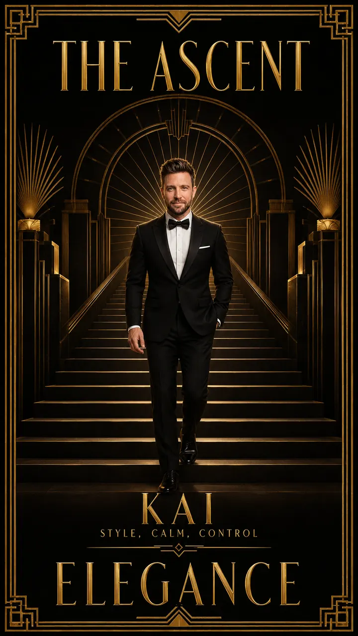 Art-déco-Poster in Gold auf Schwarz: Kai im Smoking steigt eine breite Treppe hinauf, THE ASCENT und ELEGANCE