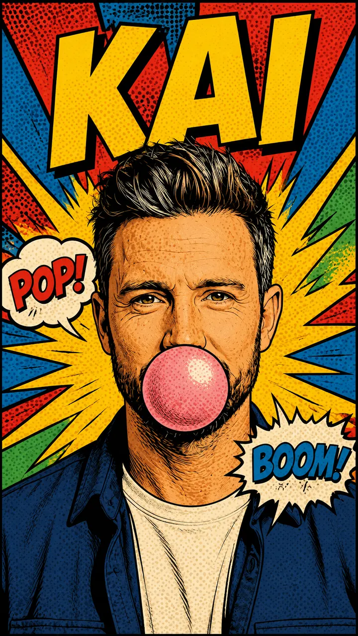 Pop-Art-Poster im Comicstil der Sechziger: Kai macht eine große rosa Kaugummiblase, Sprechblasen POP! und BOOM!