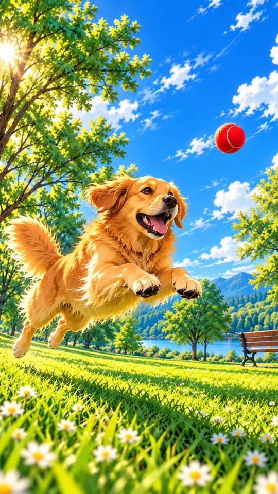 Derselbe Hund als gemaltes Anime-Filmbild mit Wolkenhimmel
