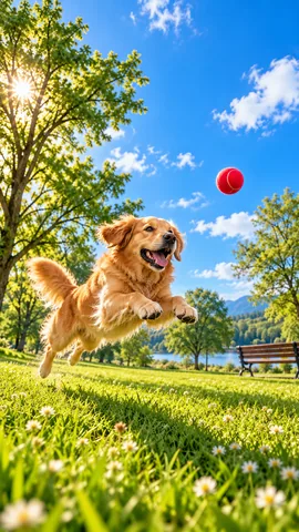 Golden Retriever springt auf einer Sommerwiese nach einem roten Ball