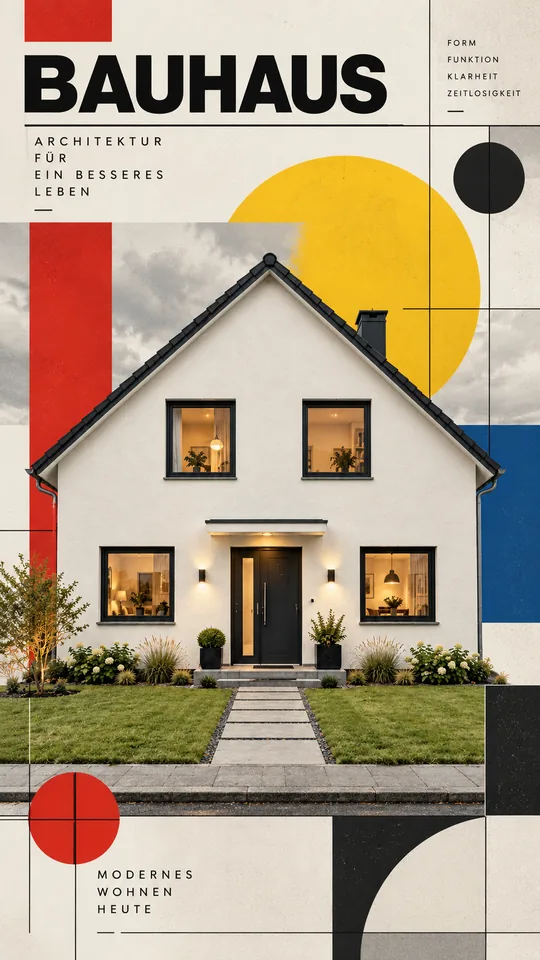 Dasselbe Haus auf einem Bauhaus-Plakat mit roten, gelben, blauen und schwarzen Formen