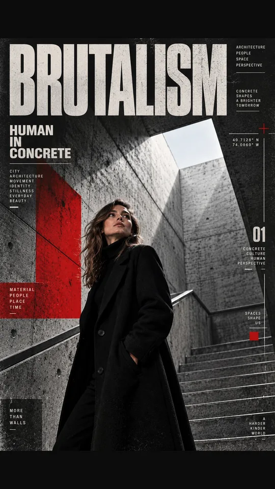 Dieselbe Frau auf einem Magazincover mit Headline BRUTALISM und rotem Block