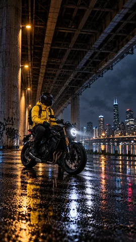 Motorradfahrer in gelber Jacke unter einer Brücke bei Nacht