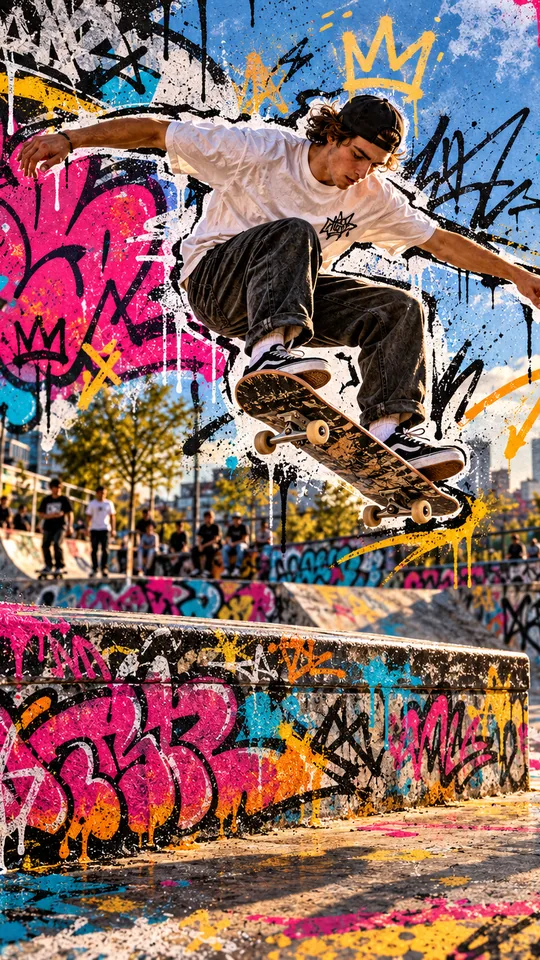 Derselbe Skater, die ganze Szene mit bunten Graffiti und Farbnasen besprüht