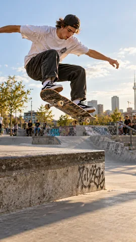 Skater im Sprung über eine Betonkante im Skatepark