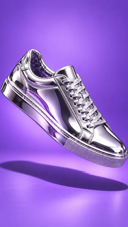 Derselbe Turnschuh aus spiegelndem Chrom vor lila Hintergrund
