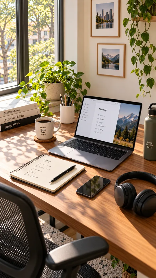 Derselbe Schreibtisch aufgeräumt: Laptop, Notizbuch, eine Tasse, Kopfhörer