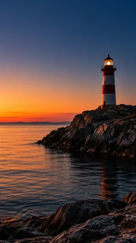 Rot-weißer Leuchtturm auf einem Felsen am Meer im Sonnenuntergang